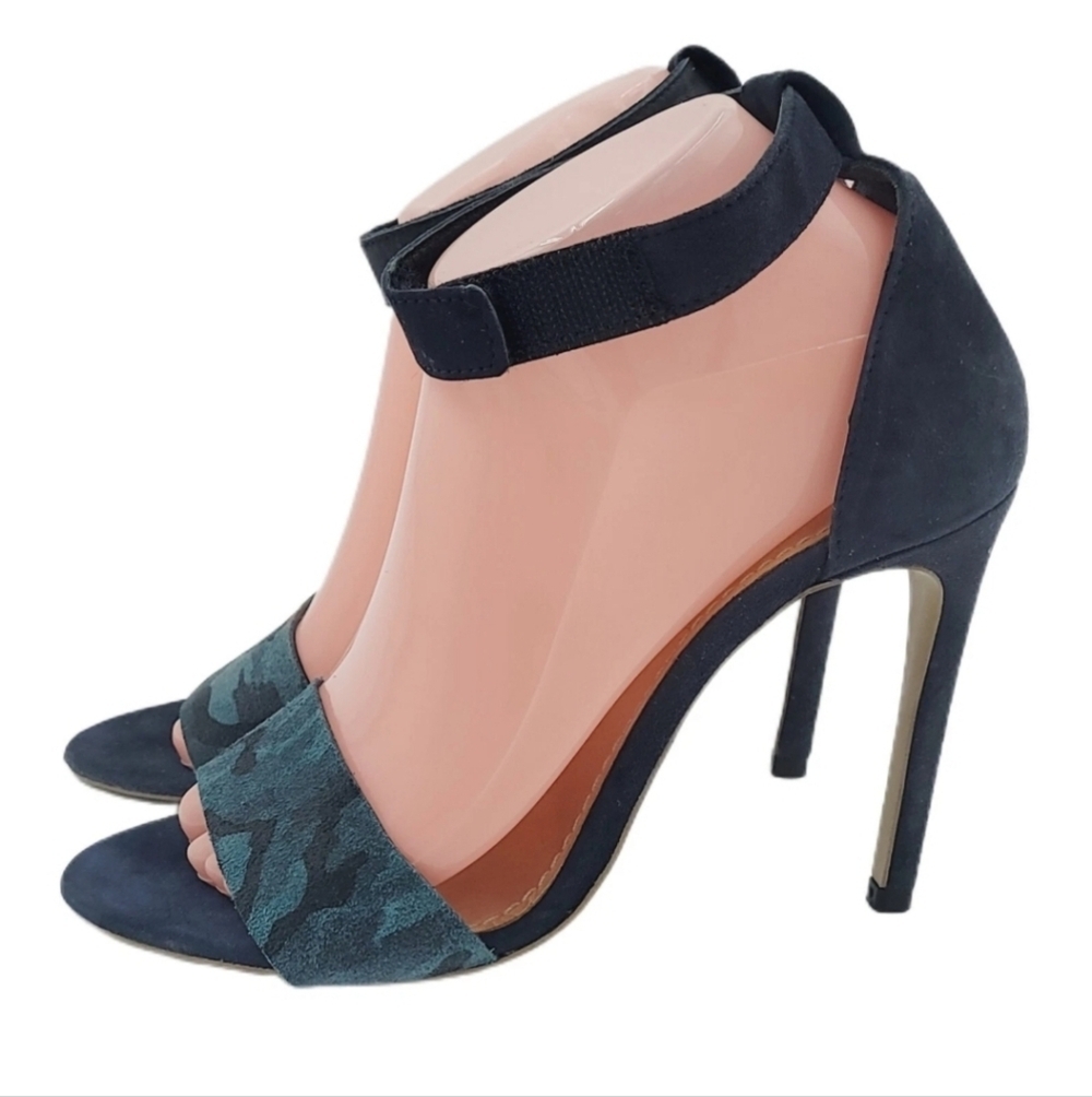 Won Hundred Blue Camo Ankle Strap Peep Toe Stiletto Heel Pumps Size 38 / US 8